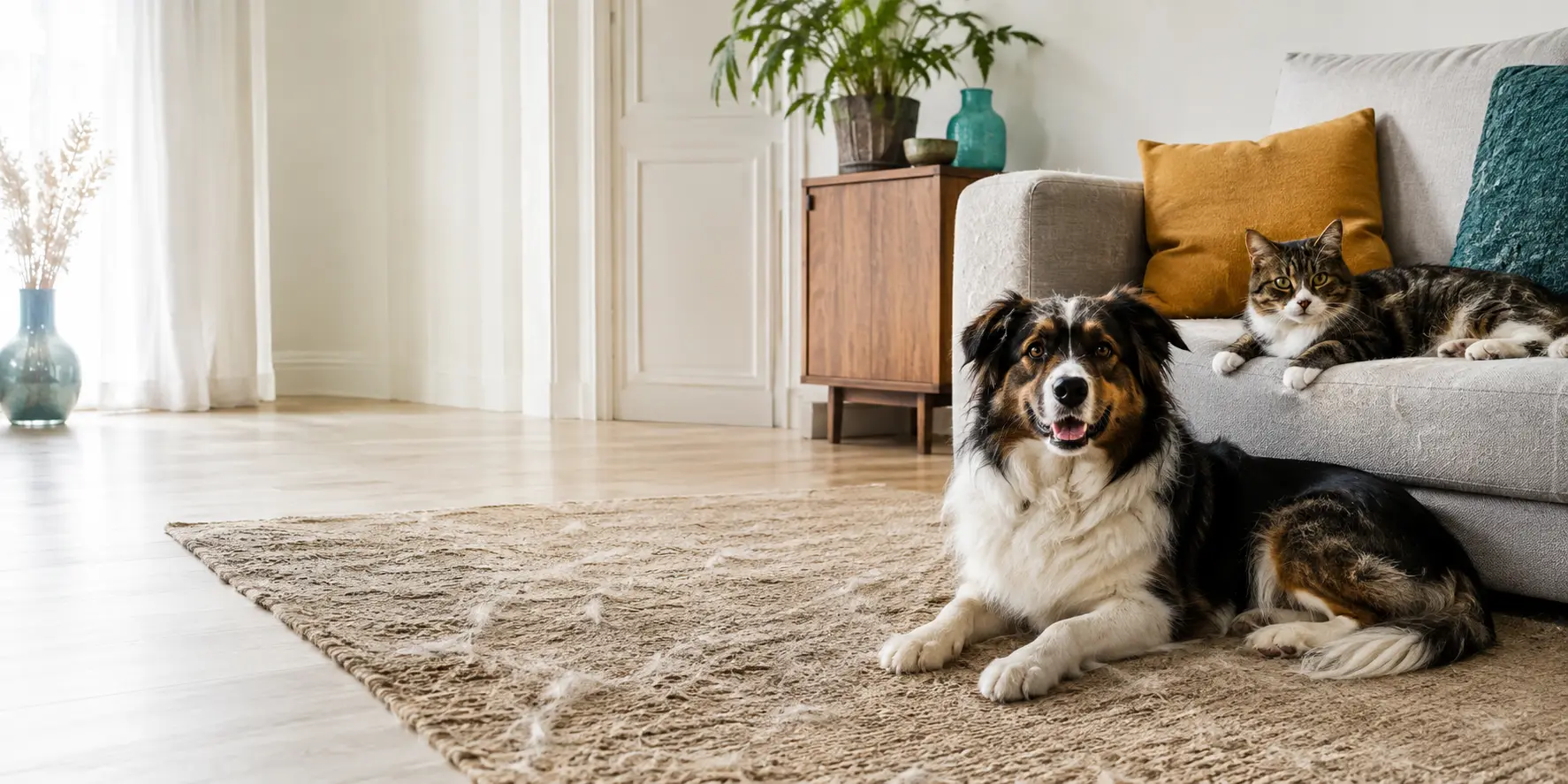 Salon lumineux avec un chien et un chat, poils visibles sur le tapis