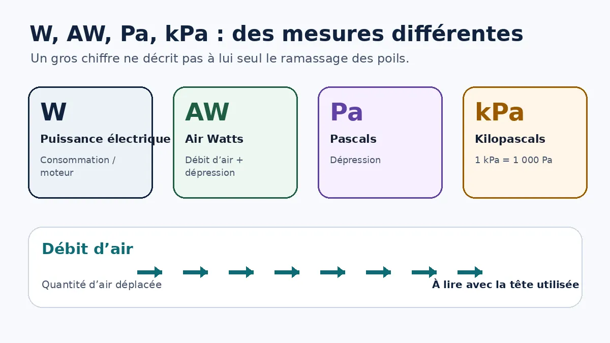 Schéma comparant watts, Air Watts, pascals, kilopascals et débit d’air
