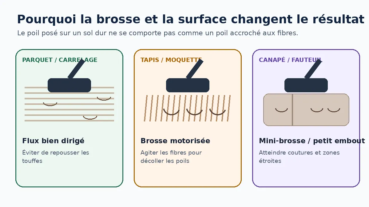 Comparaison de l’action d’une tête d’aspiration sur sol dur, tapis et canapé
