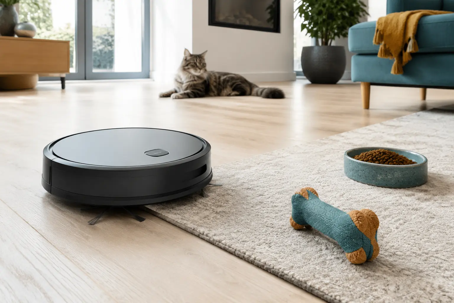 Robot aspirateur générique dans un salon avec un chien