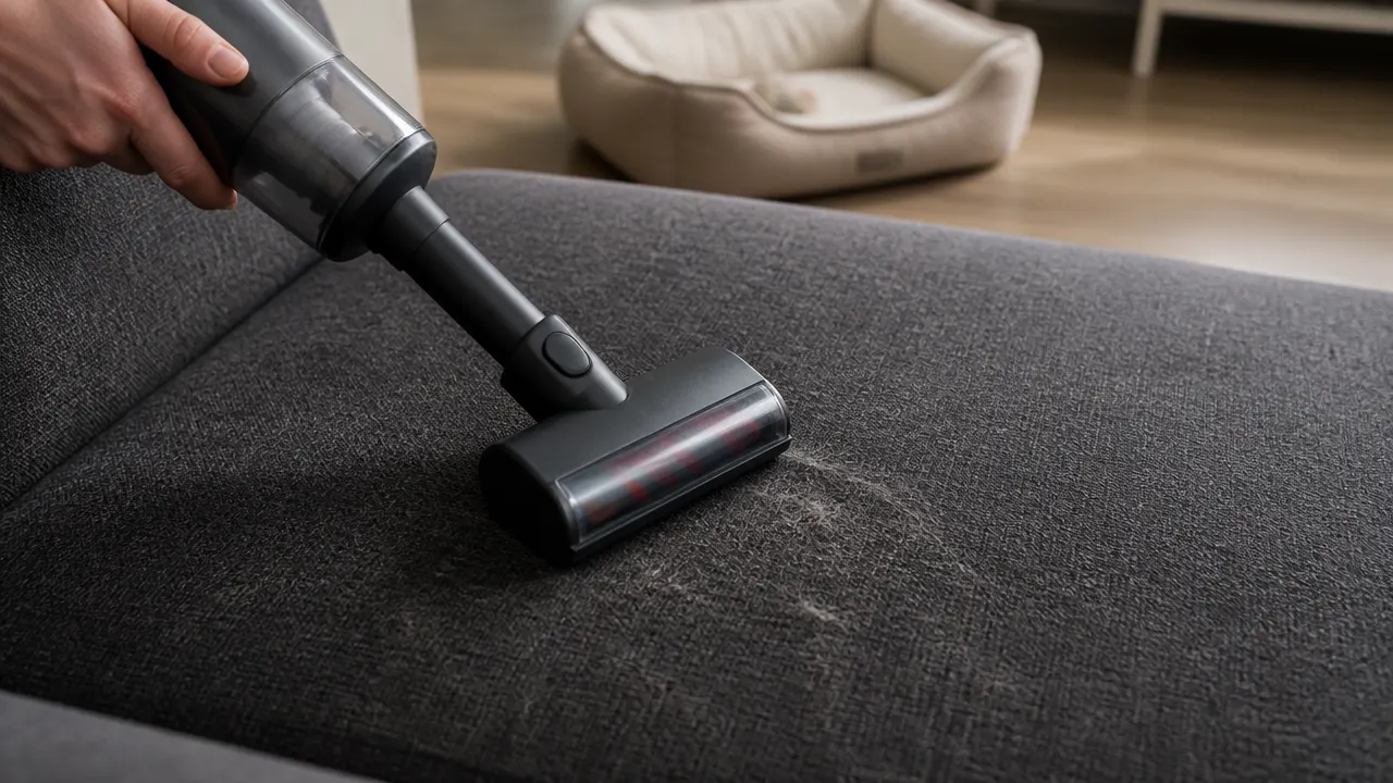 Aspirateur balai utilisé sur des poils incrustés dans un canapé