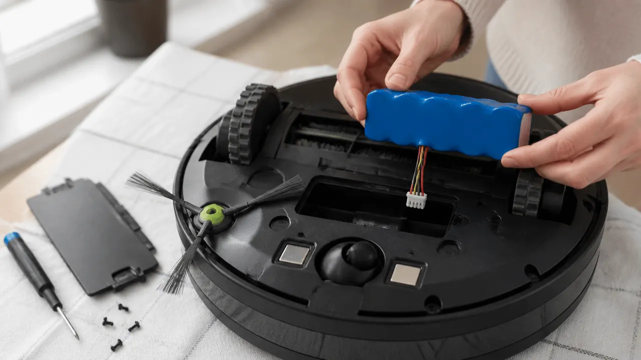 batterie-remplacable-robot Compartiment de batterie accessible sous un robot aspirateur