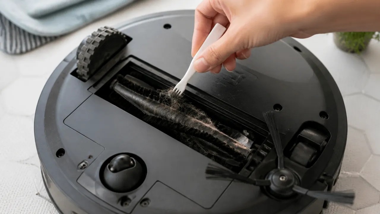entretien-brosse-robot Poils et cheveux retirés de la brosse d’un robot aspirateur