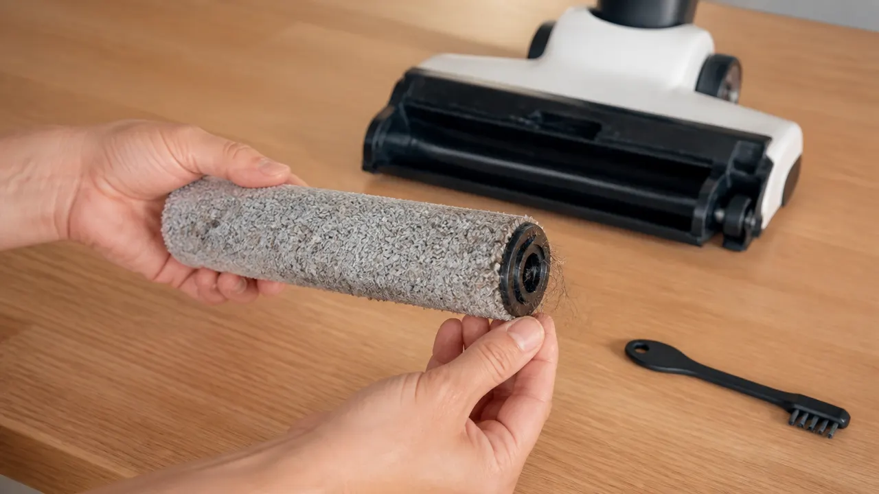 Rouleau d’aspirateur laveur retiré pour enlever les cheveux