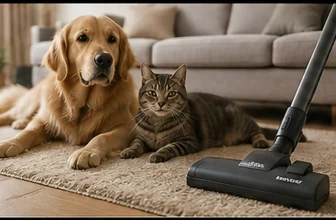 Chien et chat près d’un aspirateur sur un tapis, pour illustrer le nettoyage des poils d’animaux