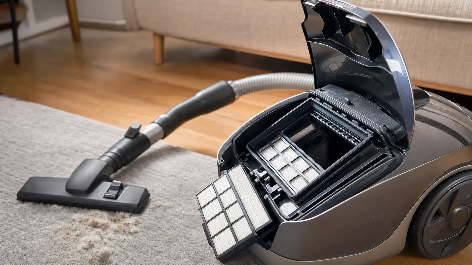 Aspirateur ouvert avec son filtre HEPA retiré