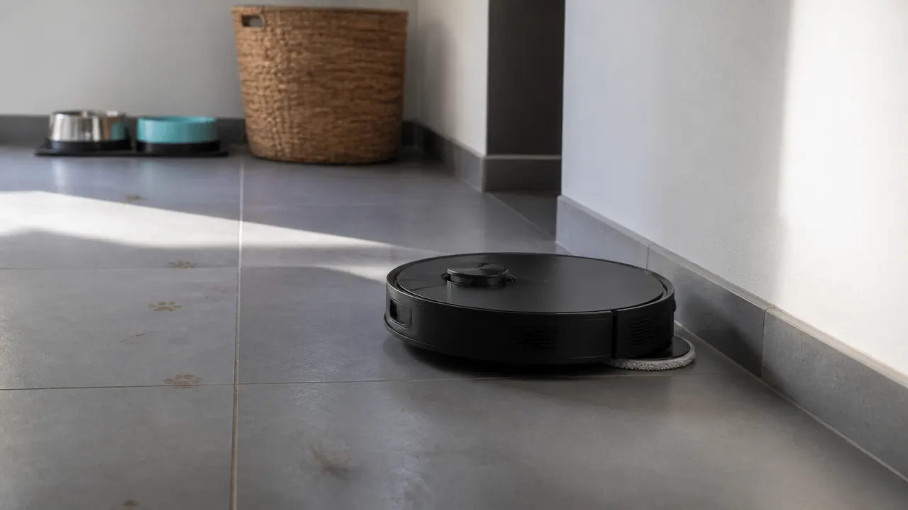 Robot laveur près de traces de pattes et de gamelles