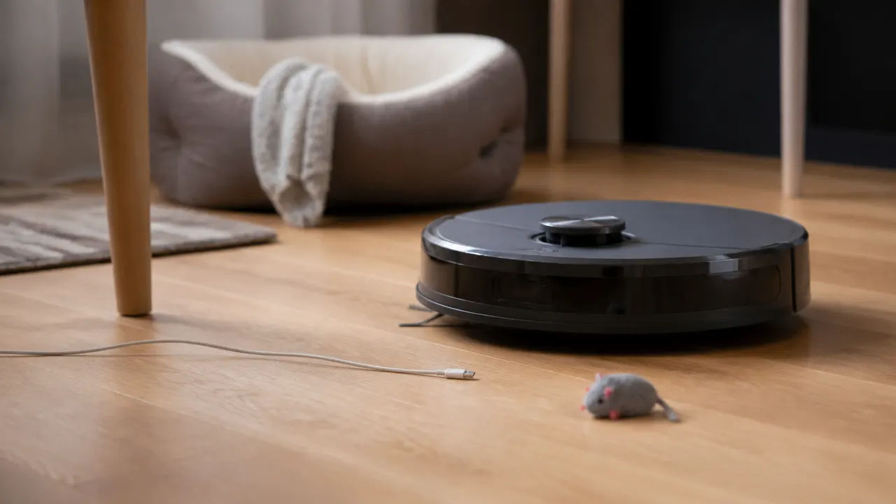 Câble fin et jouet devant un robot aspirateur