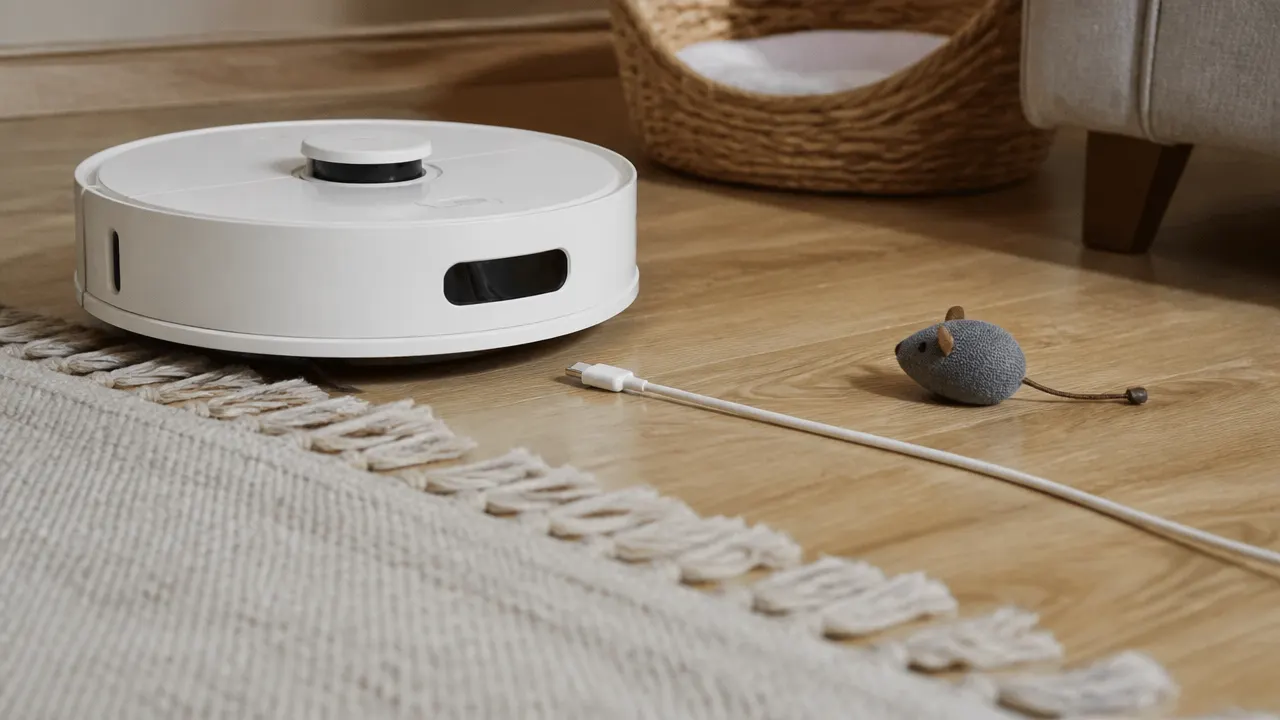 Câble fin, jouet pour chat et tapis devant un robot
