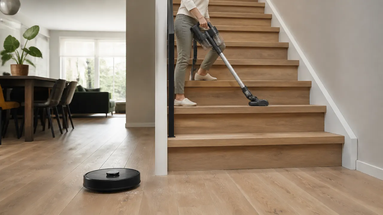 Robot au rez-de-chaussée et aspirateur balai utilisé dans un escalier
