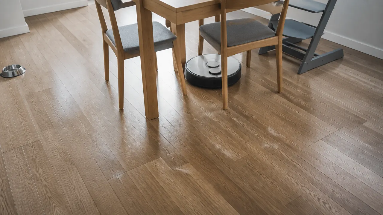 Robot aspirateur ramassant des poils dispersés sur un parquet